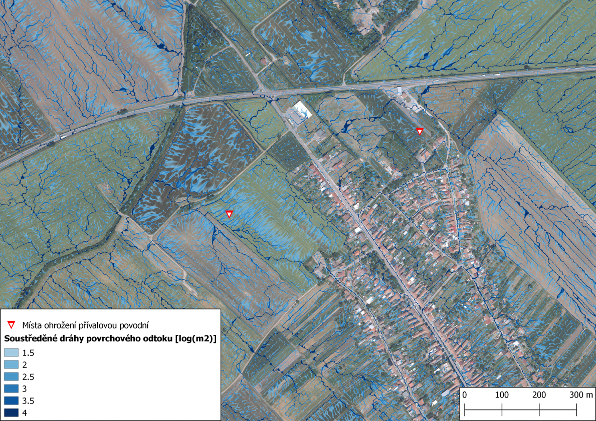 Místa ohrožení přívalovou povodní v severní části intravilánu městyse Moravská Nová Ves